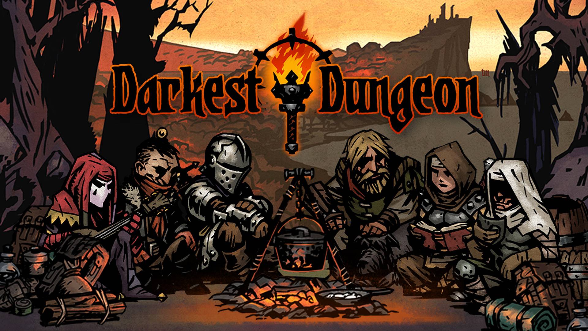 The Darkest Dungeon heroes resting around a campfire.
