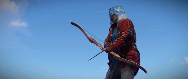 RUST Best Bow Skins. A bow wielding Rust player stands against the backdrop of an azure sky.