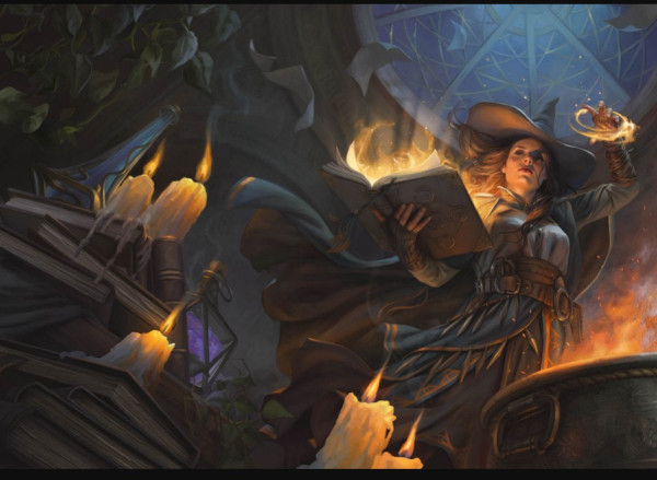 Sorcerer surrounded by cauldrons and reading from magic book