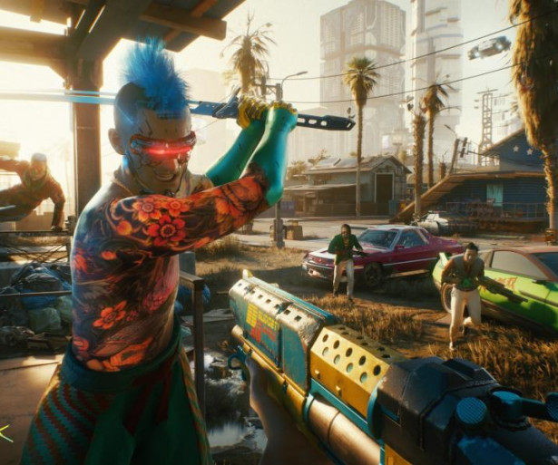 Cyberpunk 2077 katana guns cars city Night City cyborgs