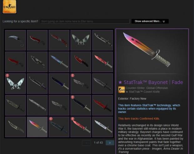 Image of Steam inventory with 25 CSGO knives